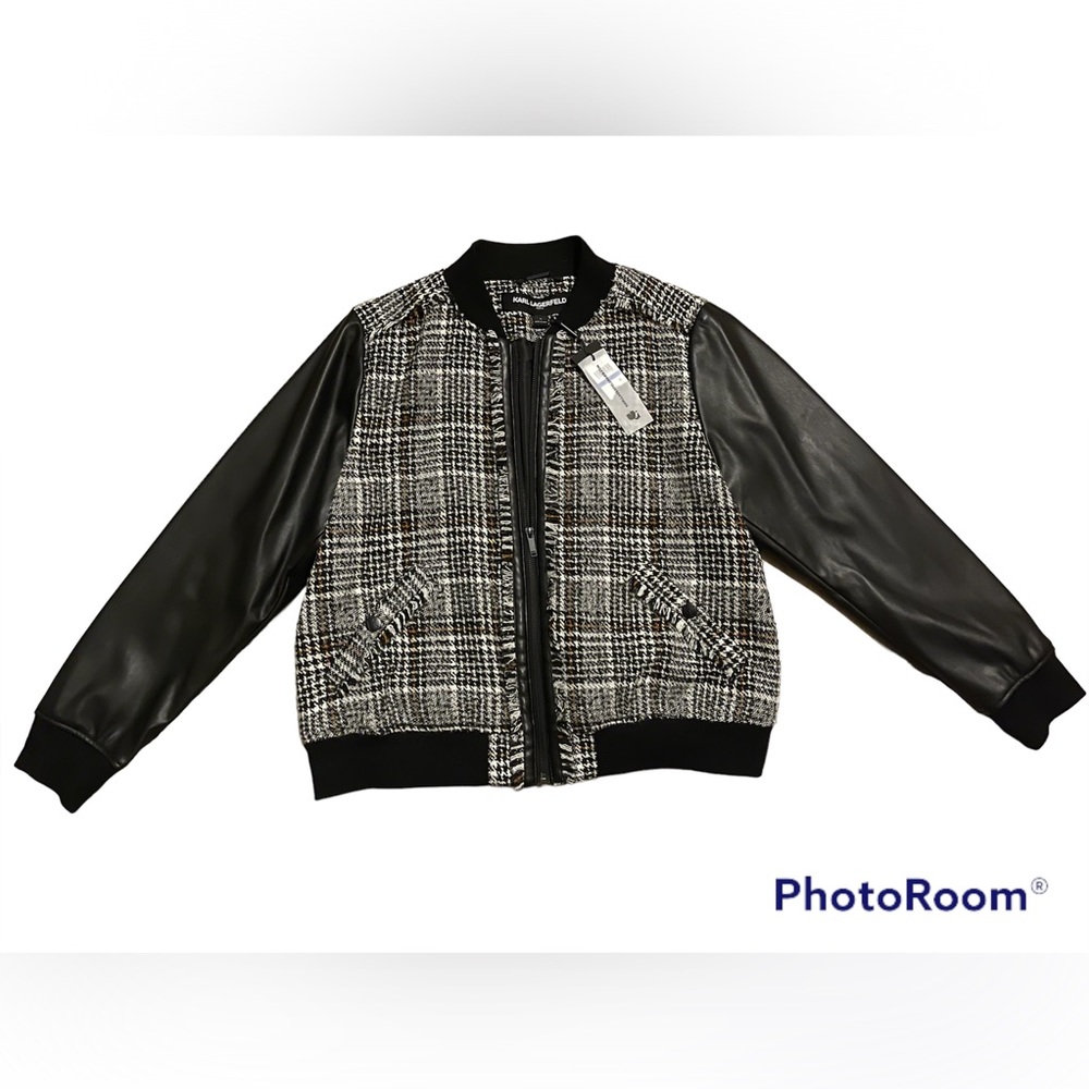 KARL LAGERFELD PARIS
Tweed Faux Leather Bomber Jacket